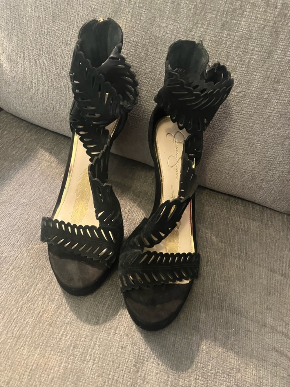 Jessica Simpson Black Suede Laser-Cut High Heel Sandals